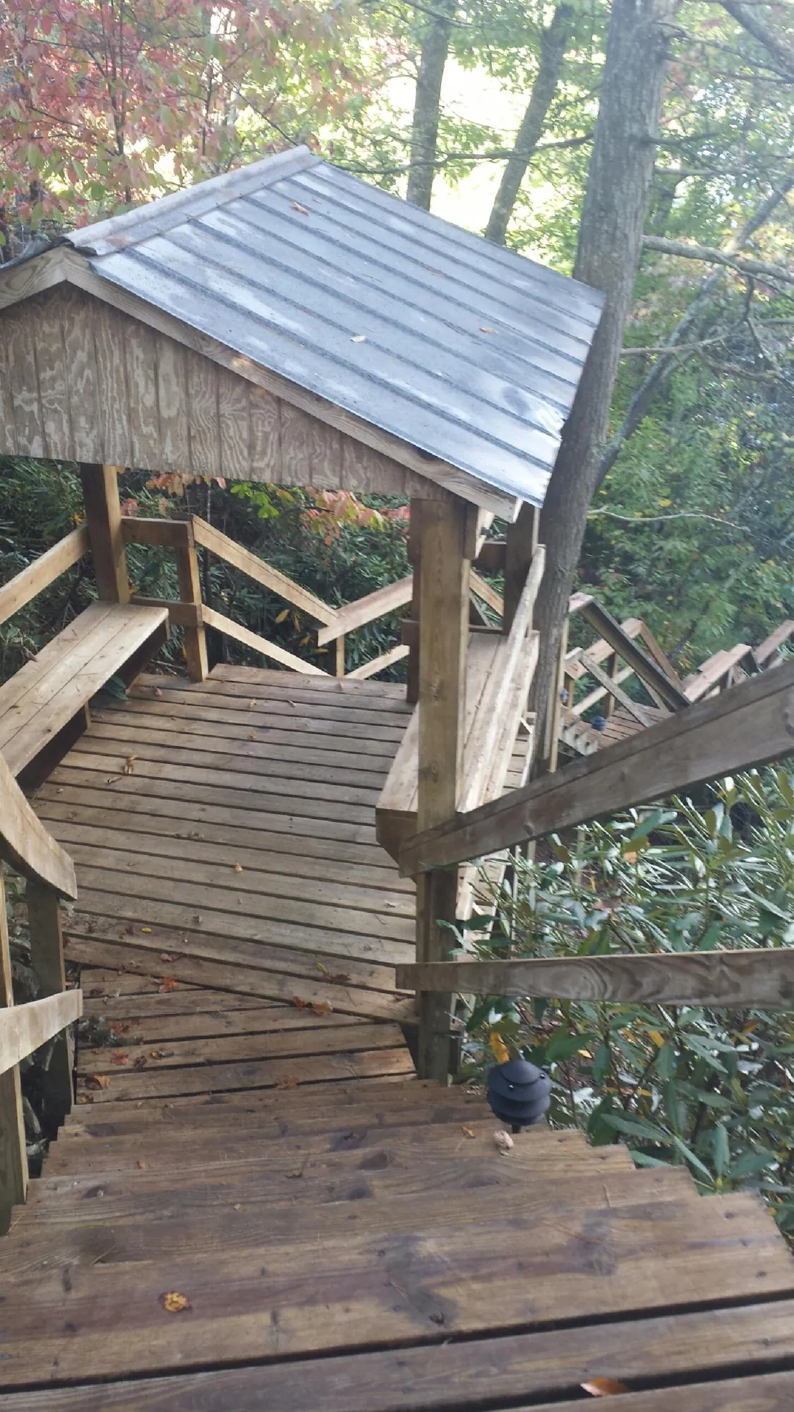 Metal roofed shelter over wooden steps on a wooded walkway — Skylight Repair & Installation work by our crew in Arlington Heights